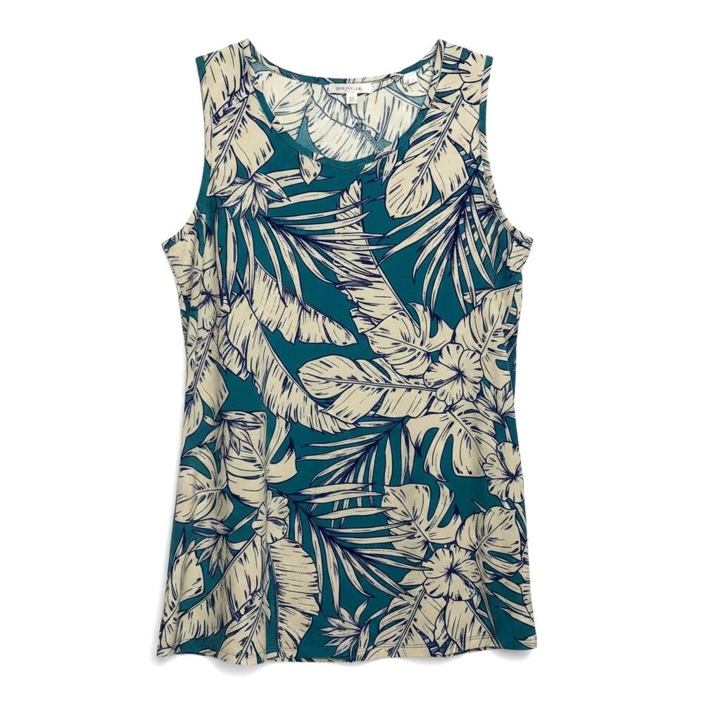 D & Co Denim & Company Tank Top Knit Blouse Shirt Floral Palm Teal White M